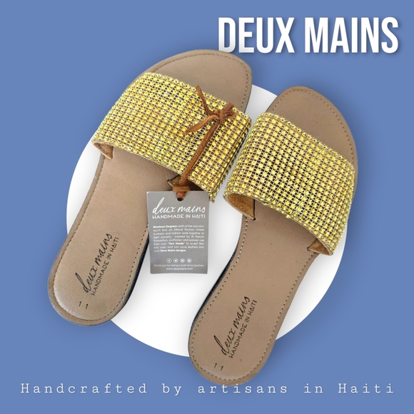 🆕 Boho Luxe Crystal Slides Deux Mains Handmade Haiti 100% Leather Eco Sandals - Picture 1 of 14